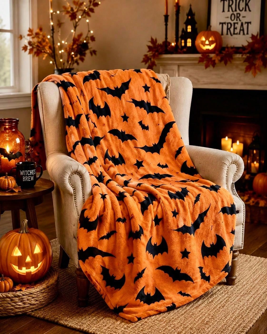 Interior Design Guest Room - Halloween Blanket Black Bat Gray Night